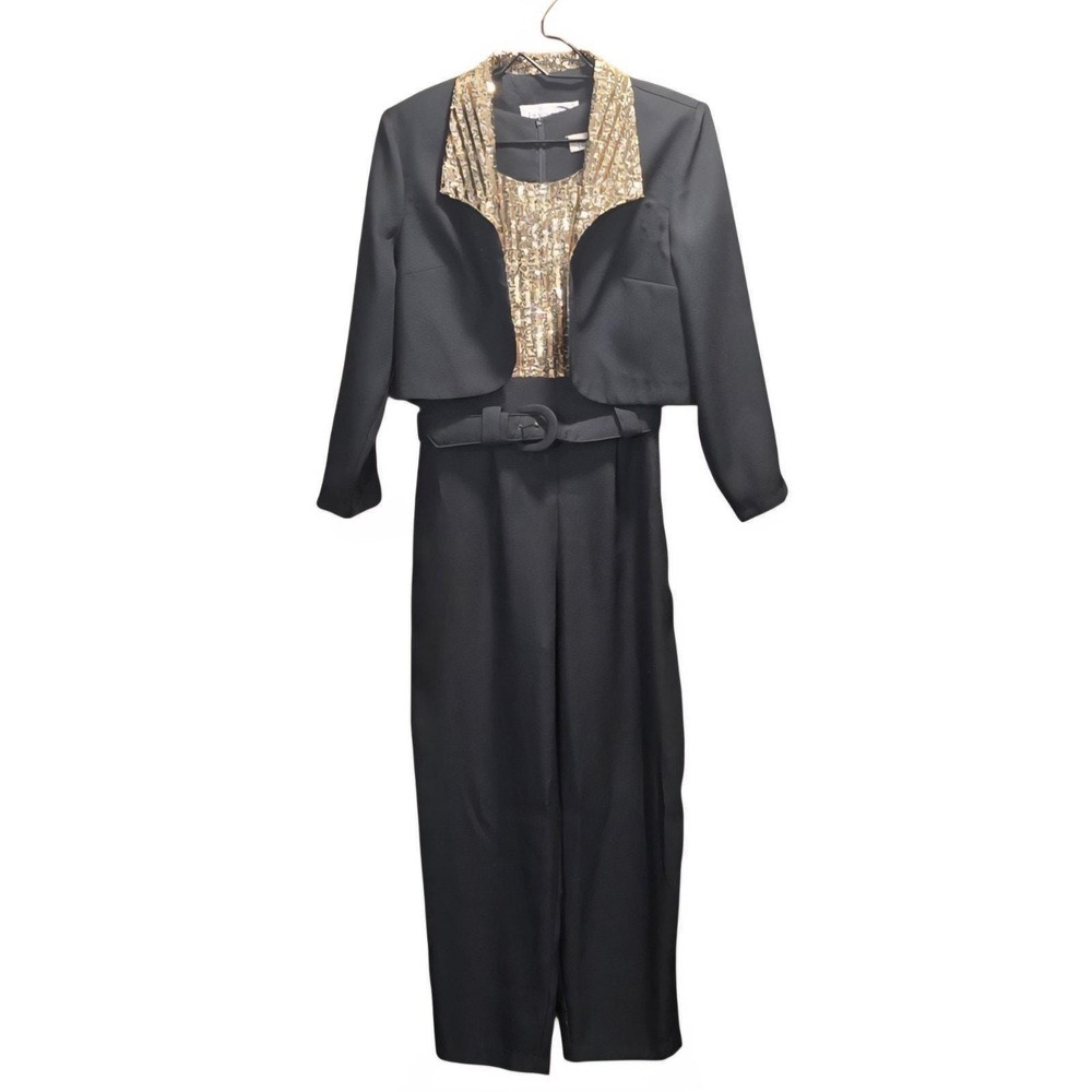 80s Womens Black Gold Sparkly Vintage 2 Piece Jumpsuit Blazer Outfit Small XS 6P